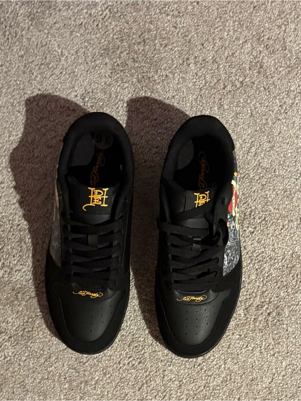 Ed Hardy Black Low-Top Sneakers with Gold Logo Accents